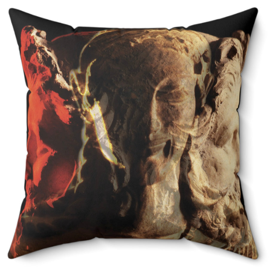 Apollo and Two-Faced Janus decorative pillow by Storaro Art Collection - Roman deity sculpture with dramatic flame overlay on premium home decor accessory

