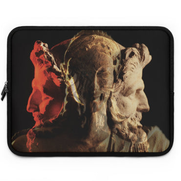 Apollo and Two-Faced Janus laptop sleeve by Storaro Art Collection - Roman deity sculpture with dramatic flame overlay in padded tech protection
