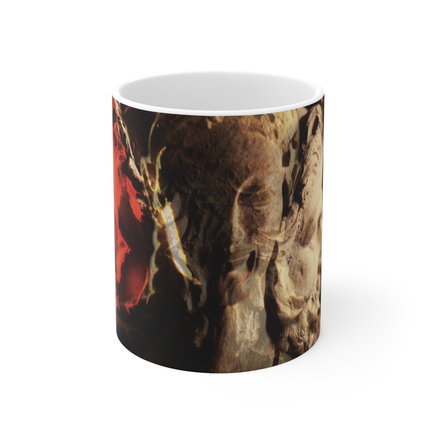 Apollo and Two-Faced Janus white mug by Storaro Art Collection - Roman deity sculpture with dramatic flame overlay on elegant ceramic drinkware
