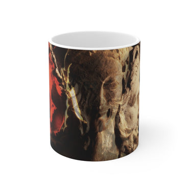 Apollo and Two-Faced Janus white mug by Storaro Art Collection - Roman deity sculpture with dramatic flame overlay on elegant ceramic drinkware
