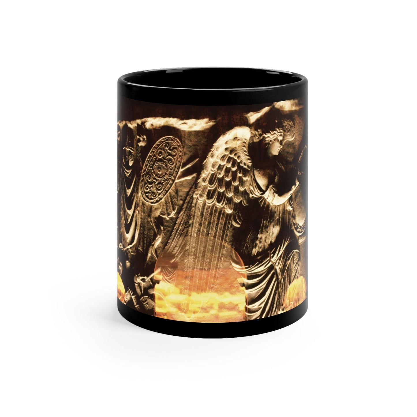 Arch of Victory black mug by Storaro Art Collection - Roman triumphal arch with winged Victory relief in golden sunset atmosphere on sophisticated ceramic drinkware
