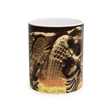 Arch of Victory white mug by Storaro Art Collection - Roman triumphal arch with winged Victory relief in golden sunset atmosphere on elegant ceramic drinkware
