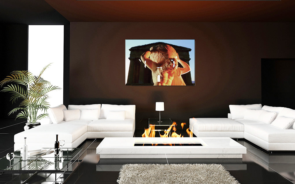Atlas Temple of Neptune acrylic print by Storaro Art Collection - Titan Atlas sculpture at Paestum temple with sunset atmosphere in luminous premium wall art
