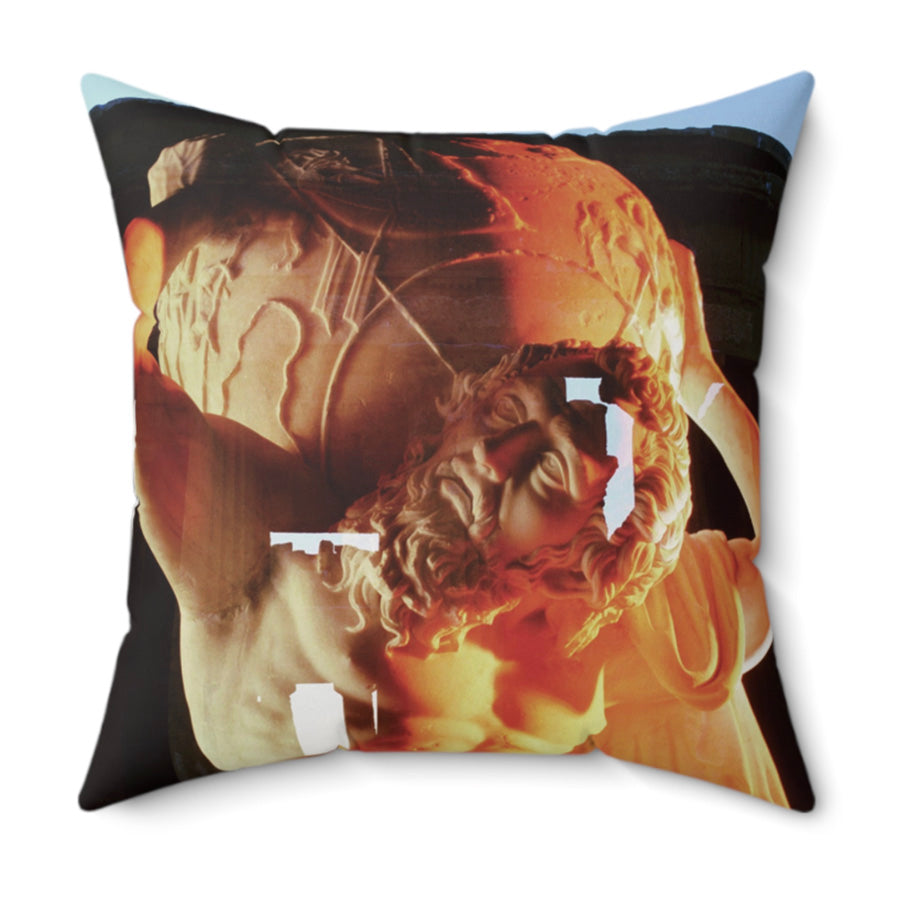 Atlas Temple of Neptune decorative pillow by Storaro Art Collection - Titan Atlas sculpture at Paestum temple with sunset atmosphere on premium home decor accessory
