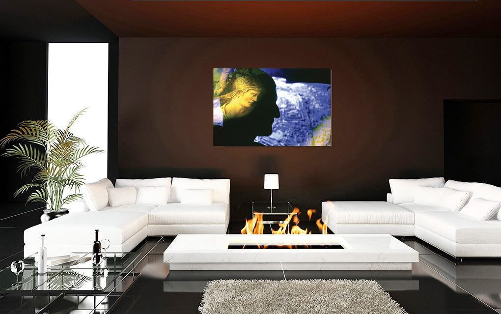 Attack on Rome acrylic print by Storaro Art Collection - Roman warrior silhouette with ethereal blue atmosphere in luminous premium wall art
