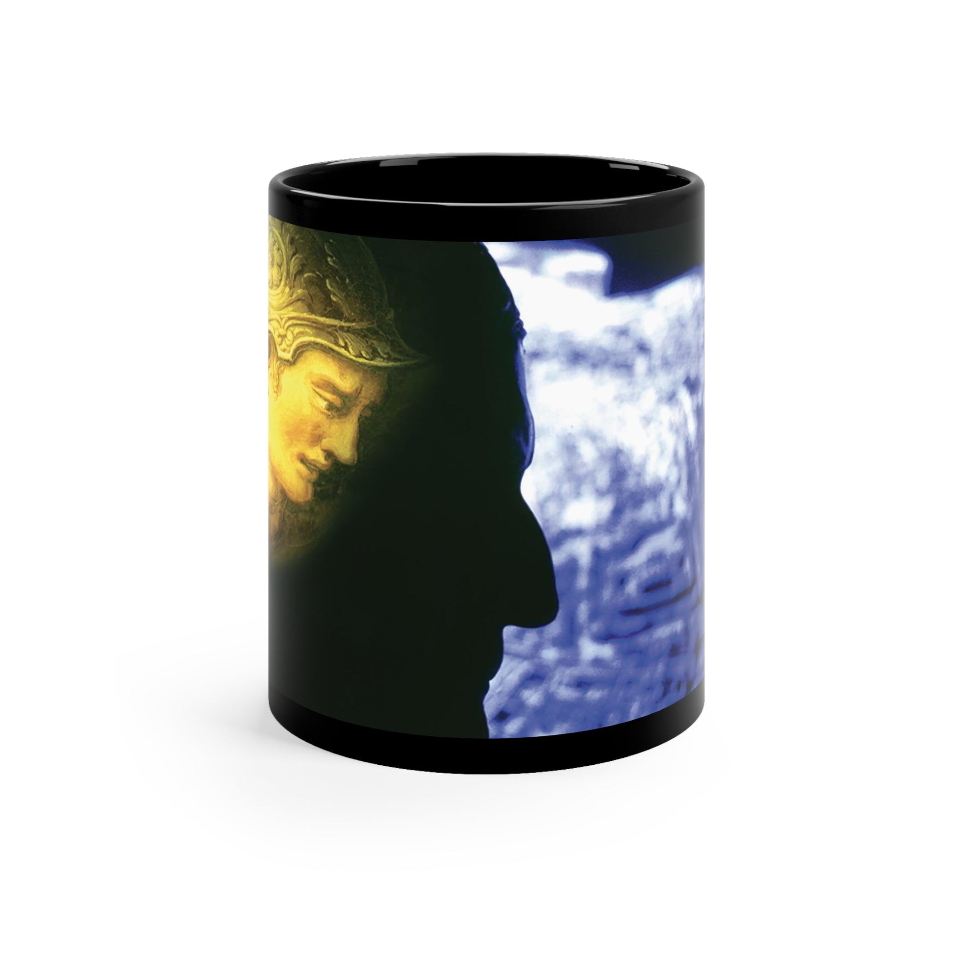 Attack on Rome black mug by Storaro Art Collection - Roman warrior silhouette with ethereal blue atmosphere on sophisticated ceramic drinkware
