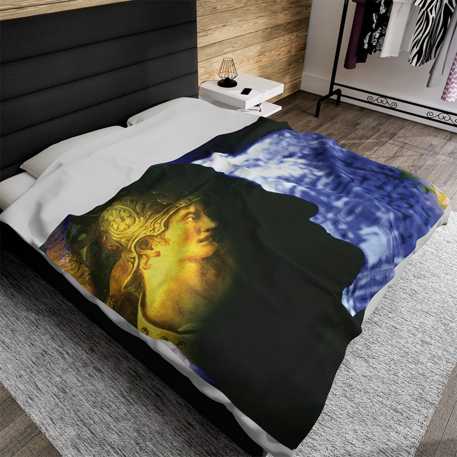 Attack on Rome luxury blanket by Storaro Art Collection - Roman warrior silhouette with ethereal blue atmosphere on premium comfort fabric
