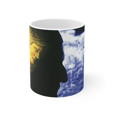 Attack on Rome white mug by Storaro Art Collection - Roman warrior silhouette with ethereal blue atmosphere on elegant ceramic drinkware

