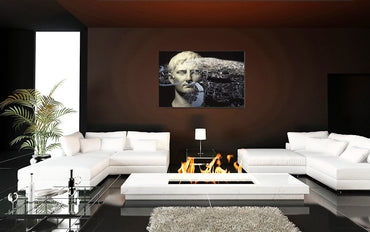 Augustus and the City of Rome acrylic print by Storaro Art Collection - Emperor Augustus with Rome cityscape in monochromatic atmosphere in luminous premium wall art
