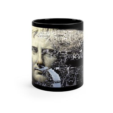 Augustus and the City of Rome black mug by Storaro Art Collection - Emperor Augustus with Rome cityscape in monochromatic atmosphere on sophisticated ceramic drinkware
