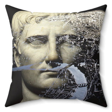 Augustus and the City of Rome decorative pillow by Storaro Art Collection - Emperor Augustus with Rome cityscape in monochromatic atmosphere on premium home decor accessory
