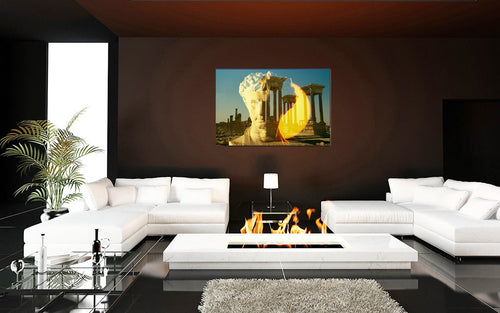 Augustus's Sun on Palmyra acrylic print by Storaro Art Collection - Emperor Augustus with Palmyra temple ruins in golden sun atmosphere in luminous premium wall art
