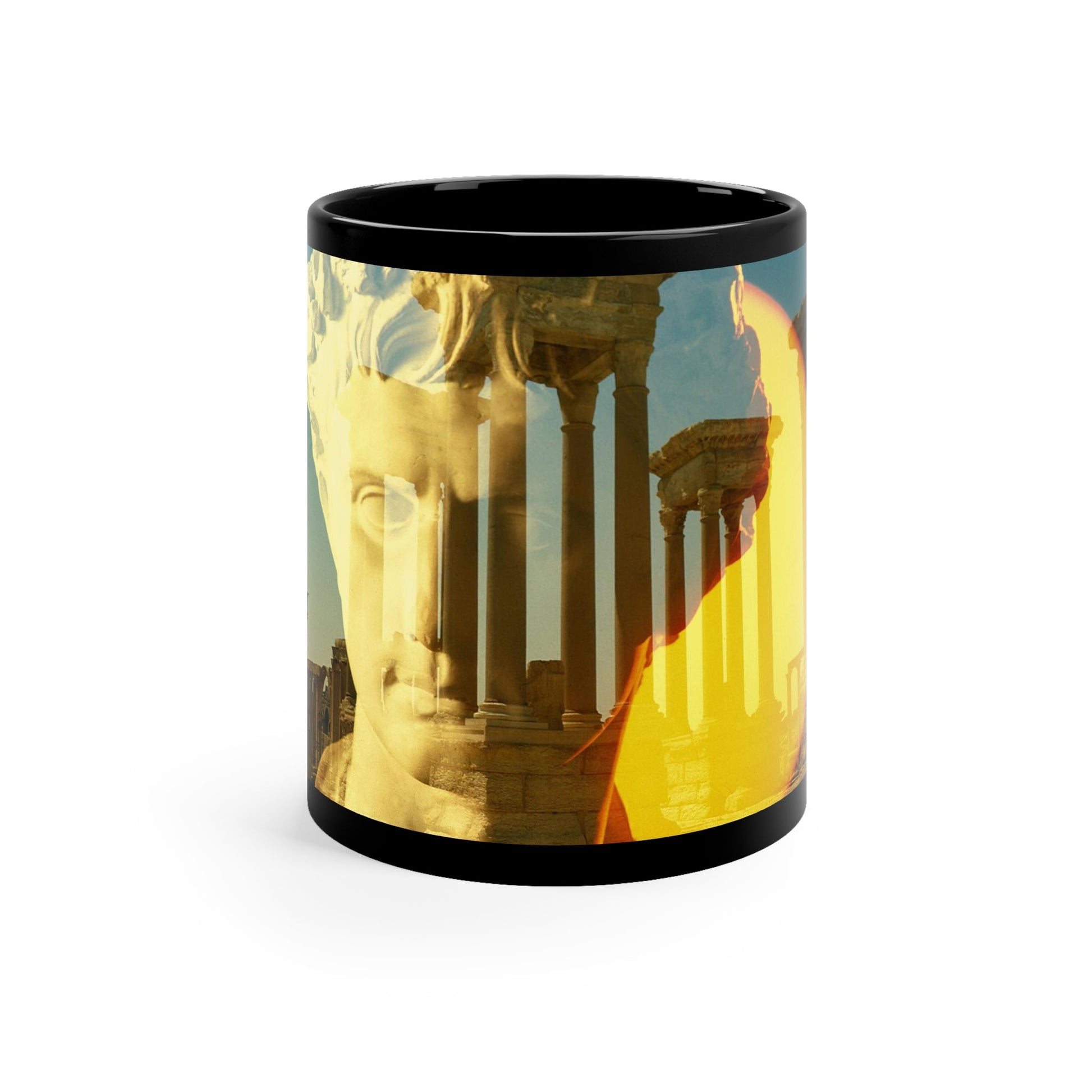 Augustus's Sun on Palmyra black mug by Storaro Art Collection - Emperor Augustus with Palmyra temple ruins in golden sun atmosphere on sophisticated ceramic drinkware
