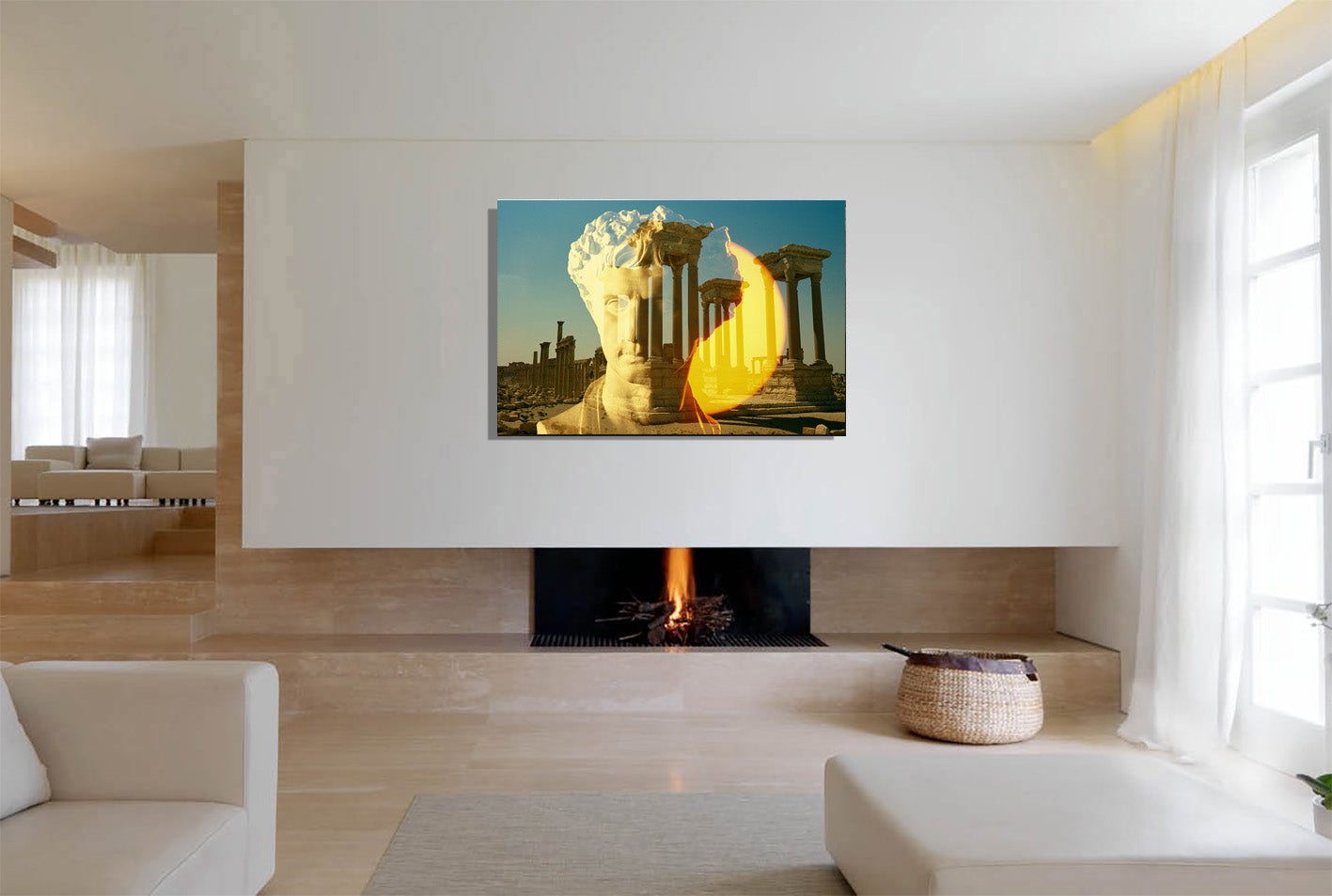 Augustus's Sun on Palmyra canvas print by Storaro Art Collection - Emperor Augustus with Palmyra temple ruins in golden sun atmosphere on museum-quality wall art
