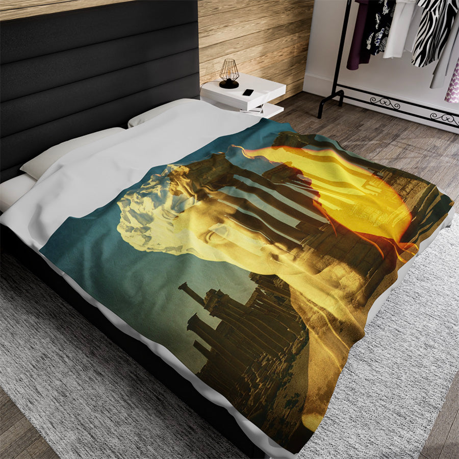 Augustus's Sun on Palmyra luxury blanket by Storaro Art Collection - Emperor Augustus with Palmyra temple ruins in golden sun atmosphere on premium comfort fabric
