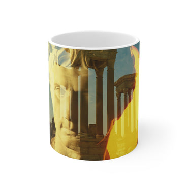 Augustus's Sun on Palmyra white mug by Storaro Art Collection - Emperor Augustus with Palmyra temple ruins in golden sun atmosphere on elegant ceramic drinkware
