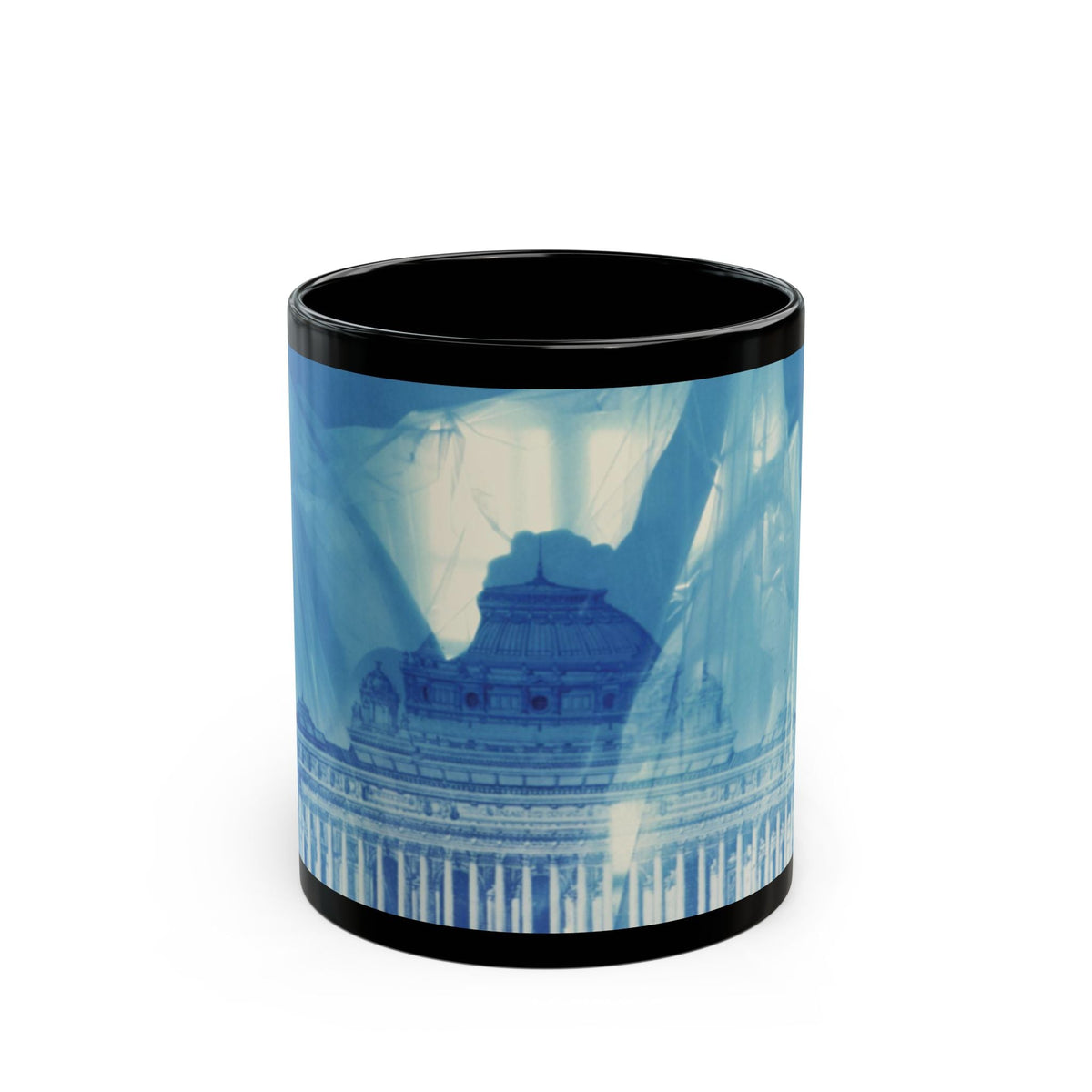Black coffee mug with ethereal neoclassical building and blue veils artwork
