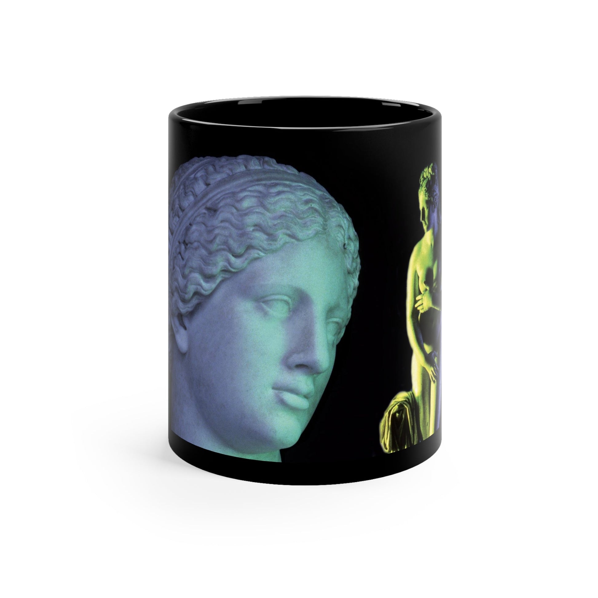 Capitoline Venus black mug by Storaro Art Collection - Venus goddess with ethereal blue-green illumination in luminous classical atmosphere on sophisticated ceramic drinkware
