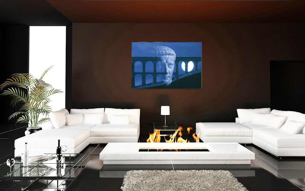 Claudius aqueduct acrylic print by Storaro Art Collection - Roman emperor with aqueduct architecture in azure monochromatic atmosphere in premium wall art
