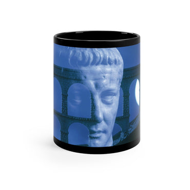 Claudius aqueduct black mug by Storaro Art Collection - Roman emperor with aqueduct architecture in azure monochromatic atmosphere on sophisticated ceramic drinkware
