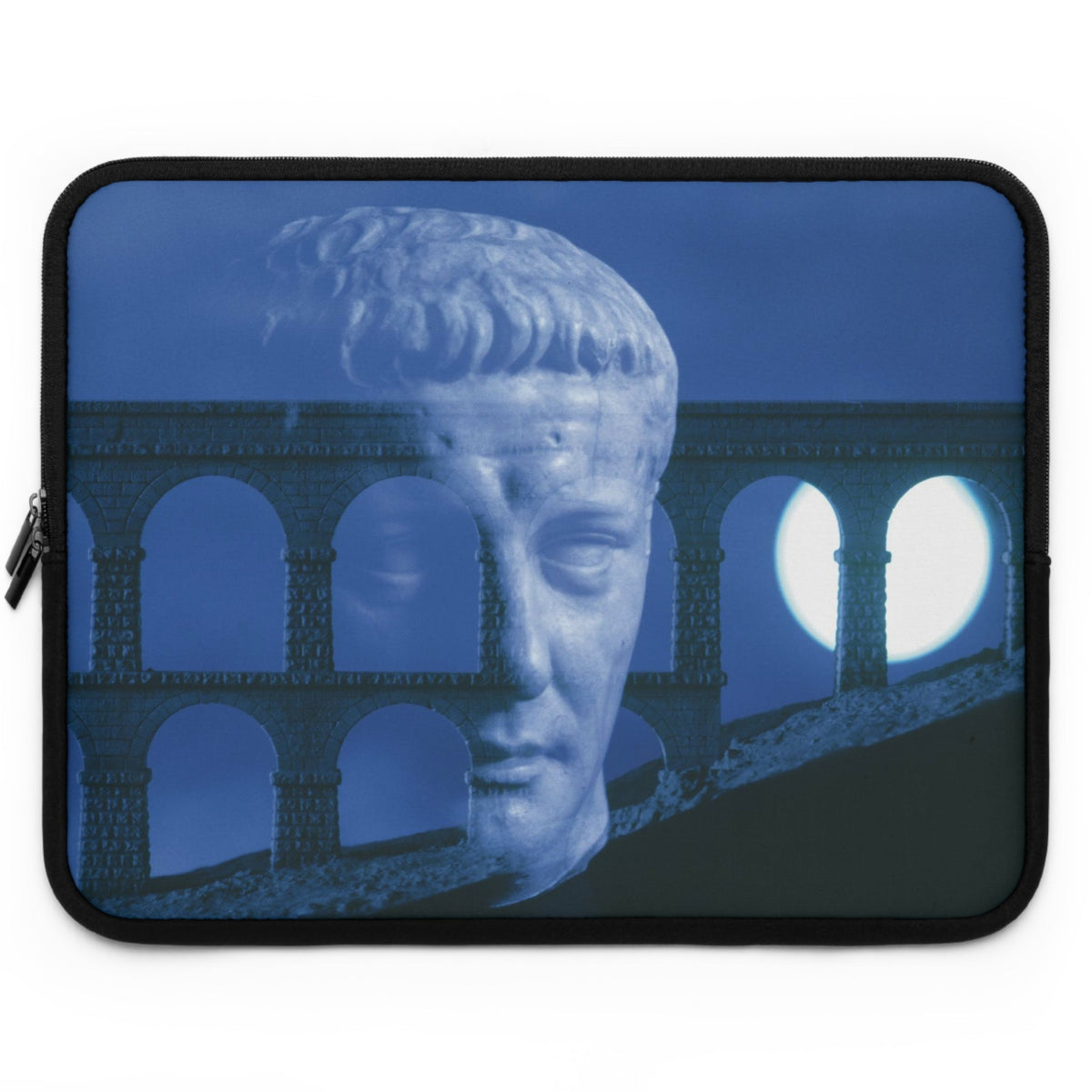 Claudius aqueduct laptop sleeve by Storaro Art Collection - Roman emperor with aqueduct architecture in azure monochromatic atmosphere in padded tech protection
