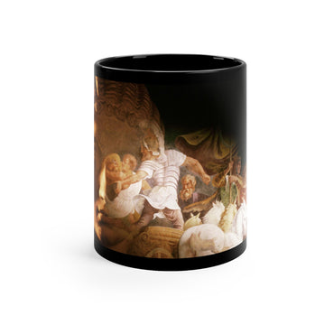 Defense of the City black mug by Storaro Art Collection - Roman warrior sculpture with golden battle scene in heroic military atmosphere on sophisticated ceramic drinkware

