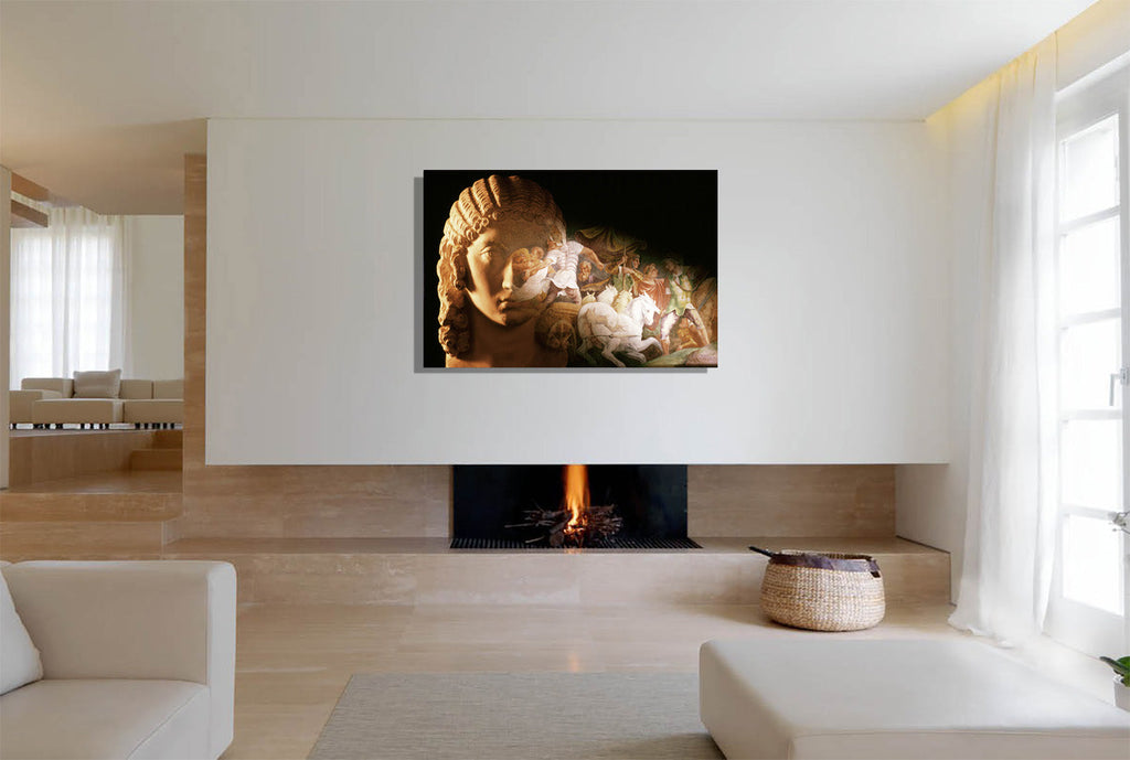 Defense of the City canvas print by Storaro Art Collection - Roman warrior sculpture with golden battle scene in heroic military atmosphere on museum-quality wall art
