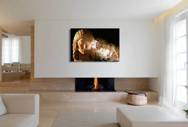 Defense of the City canvas print by Storaro Art Collection - Roman warrior sculpture with golden battle scene in heroic military atmosphere on museum-quality wall art
