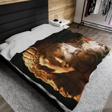 Defense of the City luxury blanket by Storaro Art Collection - Roman warrior sculpture with golden battle scene in heroic military atmosphere on premium comfort fabric
