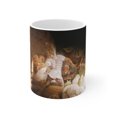 Defense of the City white mug by Storaro Art Collection - Roman warrior sculpture with golden battle scene in heroic military atmosphere on elegant ceramic drinkware
