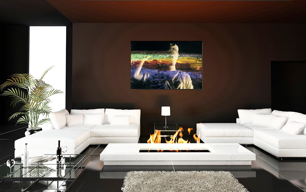 Diana Oversees Rome acrylic print by Storaro Art Collection - Diana goddess sculpture with spectral Roman cityscape in divine guardian atmosphere in premium wall art
