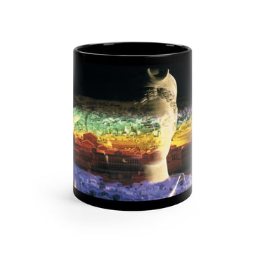 Diana Oversees Rome black mug by Storaro Art Collection - Diana goddess sculpture with spectral Roman cityscape in divine guardian atmosphere on sophisticated ceramic drinkware
