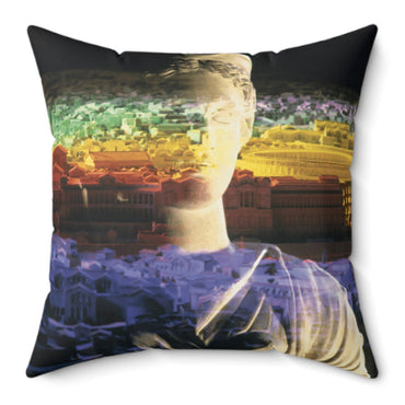 Diana Oversees Rome decorative pillow by Storaro Art Collection - Diana goddess sculpture with spectral Roman cityscape in divine guardian atmosphere on premium home decor accessory
