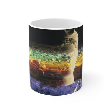 Diana Oversees Rome white mug by Storaro Art Collection - Diana goddess sculpture with spectral Roman cityscape in divine guardian atmosphere on elegant ceramic drinkware
