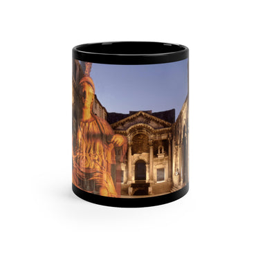 Diocletian's Palace with Goddess Roma black mug by Storaro Art Collection - Roma goddess sculpture with golden palace architecture in imperial sovereignty atmosphere on sophisticated ceramic drinkware
