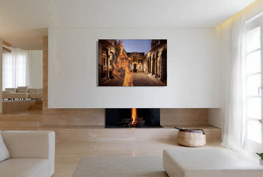 Diocletian's Palace with Goddess Roma canvas print by Storaro Art Collection - Roma goddess sculpture with golden palace architecture in imperial sovereignty atmosphere on museum-quality wall art
