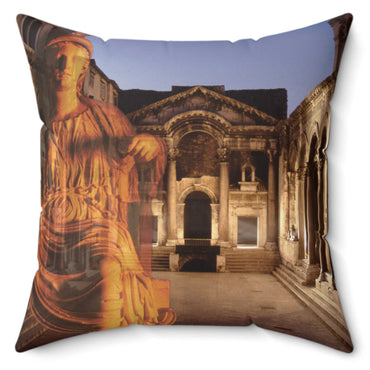Diocletian's Palace with Goddess Roma decorative pillow by Storaro Art Collection - Roma goddess sculpture with golden palace architecture in imperial sovereignty atmosphere on premium home decor accessory
