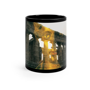 Dionysus and His Temple black mug by Storaro Art Collection - Dionysus god imagery with golden temple architecture in sacred mystical atmosphere on sophisticated ceramic drinkware
