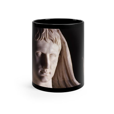 Divinized Augustus black mug by Storaro Art Collection - Augustus emperor sculpture with monumental marble composition in divine imperial atmosphere on sophisticated ceramic drinkware
