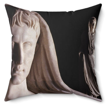 Divinized Augustus decorative pillow by Storaro Art Collection - Augustus emperor sculpture with monumental marble composition in divine imperial atmosphere on premium home decor accessory
