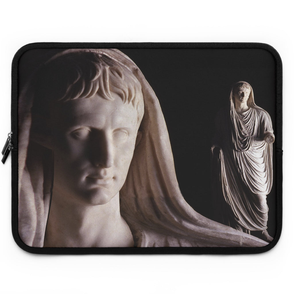 Divinized Augustus laptop sleeve by Storaro Art Collection - Augustus emperor sculpture with monumental marble composition in divine imperial atmosphere in padded tech protection
