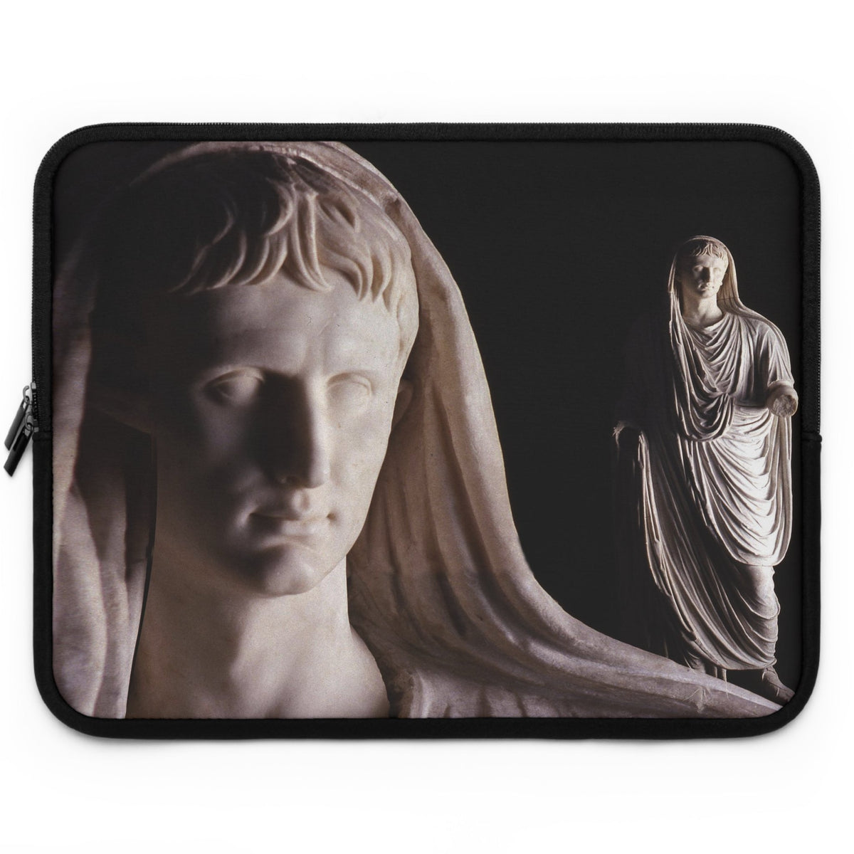 Divinized Augustus laptop sleeve by Storaro Art Collection - Augustus emperor sculpture with monumental marble composition in divine imperial atmosphere in padded tech protection
