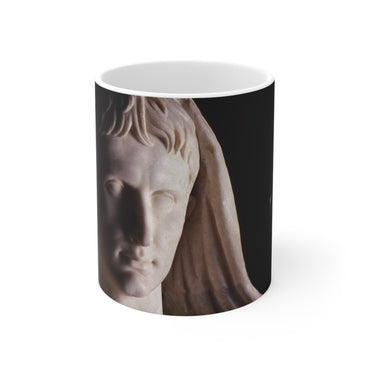 Divinized Augustus white mug by Storaro Art Collection - Augustus emperor sculpture with monumental marble composition in divine imperial atmosphere on elegant ceramic drinkware
