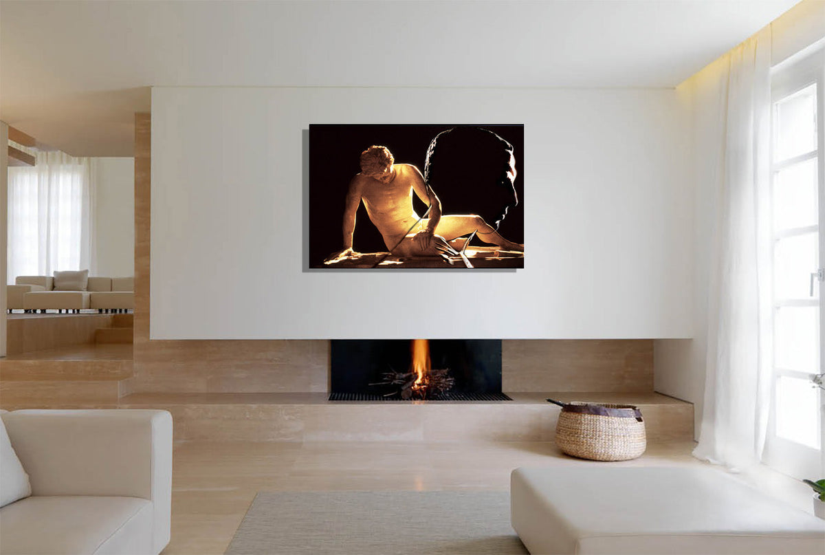 Dying Gaul canvas print by Storaro Art Collection - Dying Gaul sculpture with contemporary figure in golden contemplative atmosphere on museum-quality wall art

