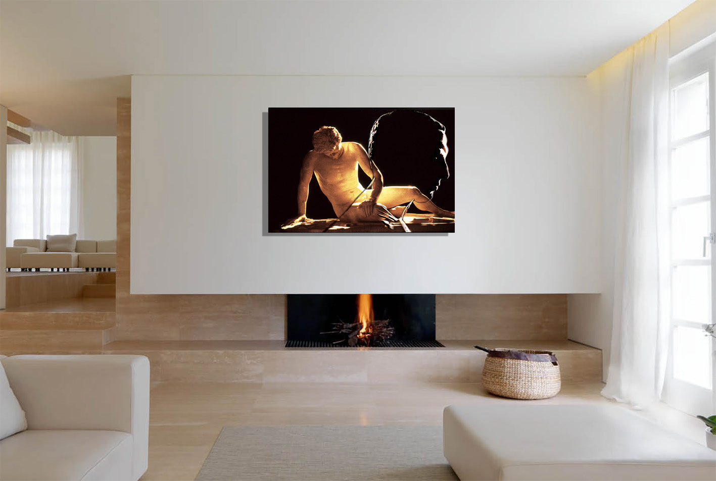 Dying Gaul canvas print by Storaro Art Collection - Dying Gaul sculpture with contemporary figure in golden contemplative atmosphere on museum-quality wall art
