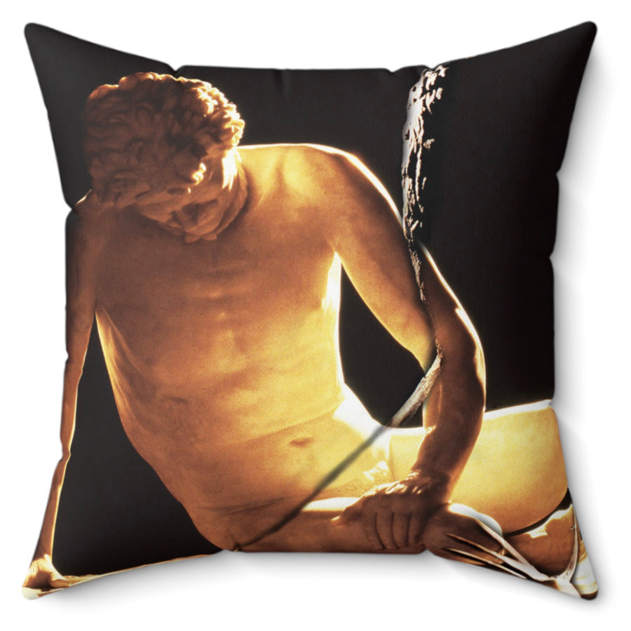 Dying Gaul decorative pillow by Storaro Art Collection - Dying Gaul sculpture with contemporary figure in golden contemplative atmosphere on premium home decor accessory
