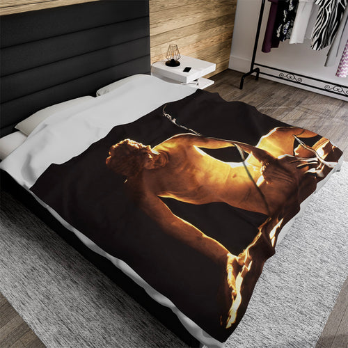 Dying Gaul luxury blanket by Storaro Art Collection - Dying Gaul sculpture with contemporary figure in golden contemplative atmosphere on premium comfort fabric
