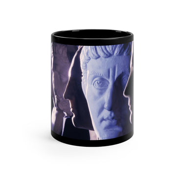 Edict of Constantine black mug by Storaro Art Collection - Constantine emperor portraits with celestial purple-blue illumination in imperial transformation atmosphere on sophisticated ceramic drinkware
