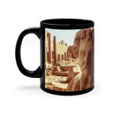 Elegant 11oz black ceramic mug featuring a double exposure design of Emperor Septimius Severus and Leptis Magna ruins, combining Roman imperial portraiture with North African architectural heritage in rich golden tones on premium dishwasher-safe drinkware