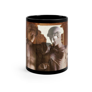 Elettra and Oreste black mug by Storaro Art Collection - Elettra and Oreste classical sculptures with golden architectural framing in tragic nobility atmosphere on sophisticated ceramic drinkware
